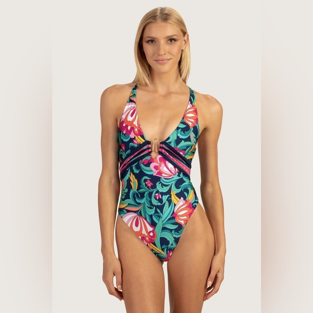 Trina Turk One Piece SwimSuit Women's Standard India Garden Plunge Neck NWT